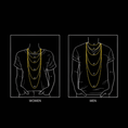 Load image into Gallery viewer, Illustration showing 24K gold-filled rope chain lengths on men's and women's t-shirts, highlighting 18-24 inch options.