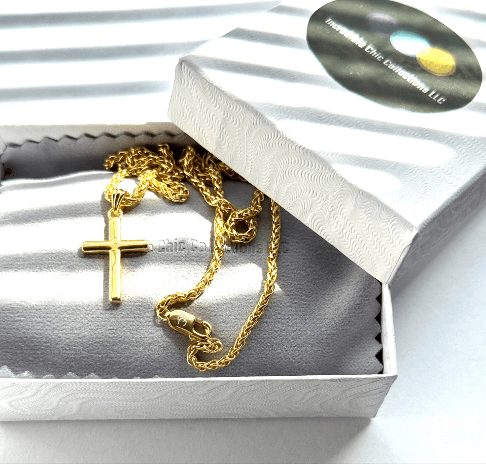 14K solid gold small cross pendant with wheat chain in elegant gift box, perfect for men, women, and teens.