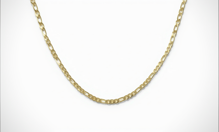 24K gold filled Figaro chain necklace, 4mm width, 18 inches, featuring alternating link patterns for timeless elegance.