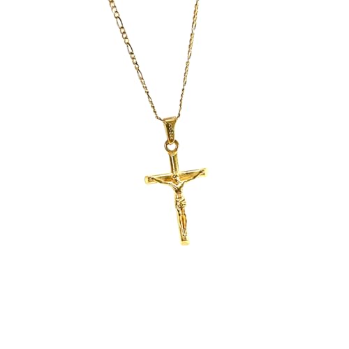 24k yellow gold filled crucifix necklace on a delicate chain, symbolizing faith and luxury.