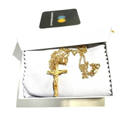 24k yellow gold filled crucifix necklace in a gift box, featuring intricate design and Figaro chain.