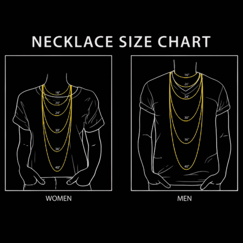 Necklace size chart for men and women showing length options: 16", 20", 24", 30", and 40".