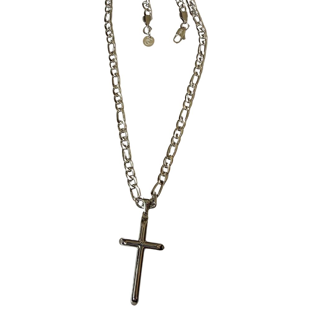 Figaro and Cross in 14K White Gold 5mm Figaro Chain, Length options: 18" & 20" Unisex