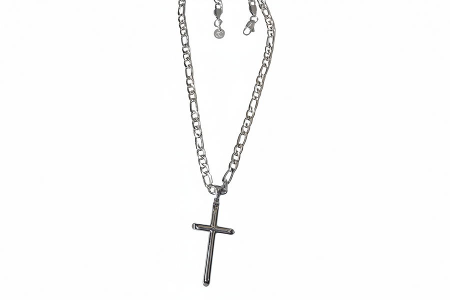 Figaro and Cross in 14K White Gold 5mm Figaro Chain, Length options: 18" & 20" Unisex