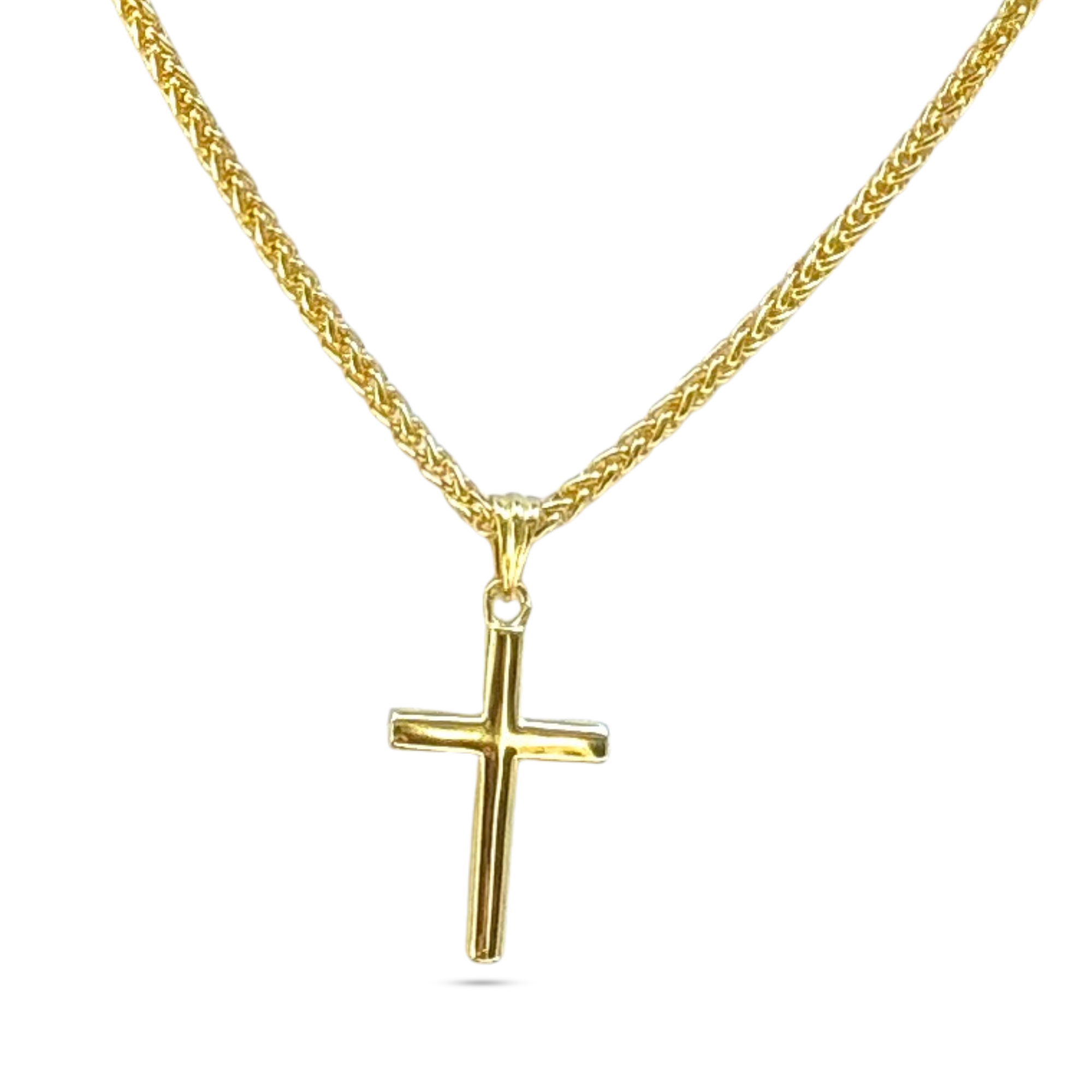 14K solid gold small cross pendant with wheat chain