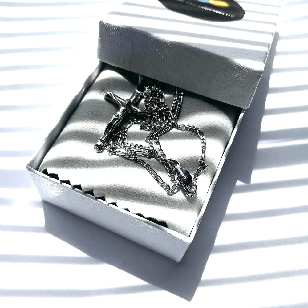 14k white gold crucifix necklace for men and women displayed in elegant gift box with satin lining.
