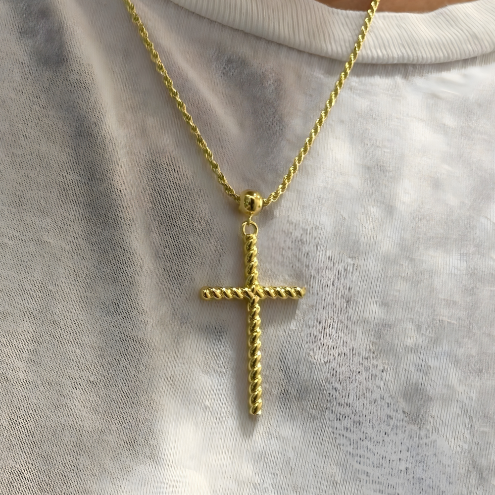 14K Solid Gold Rope Cross Pendant & 1.3mm Rope Chain, 20" – Ball Bail Design, Lobster Clasp Closure