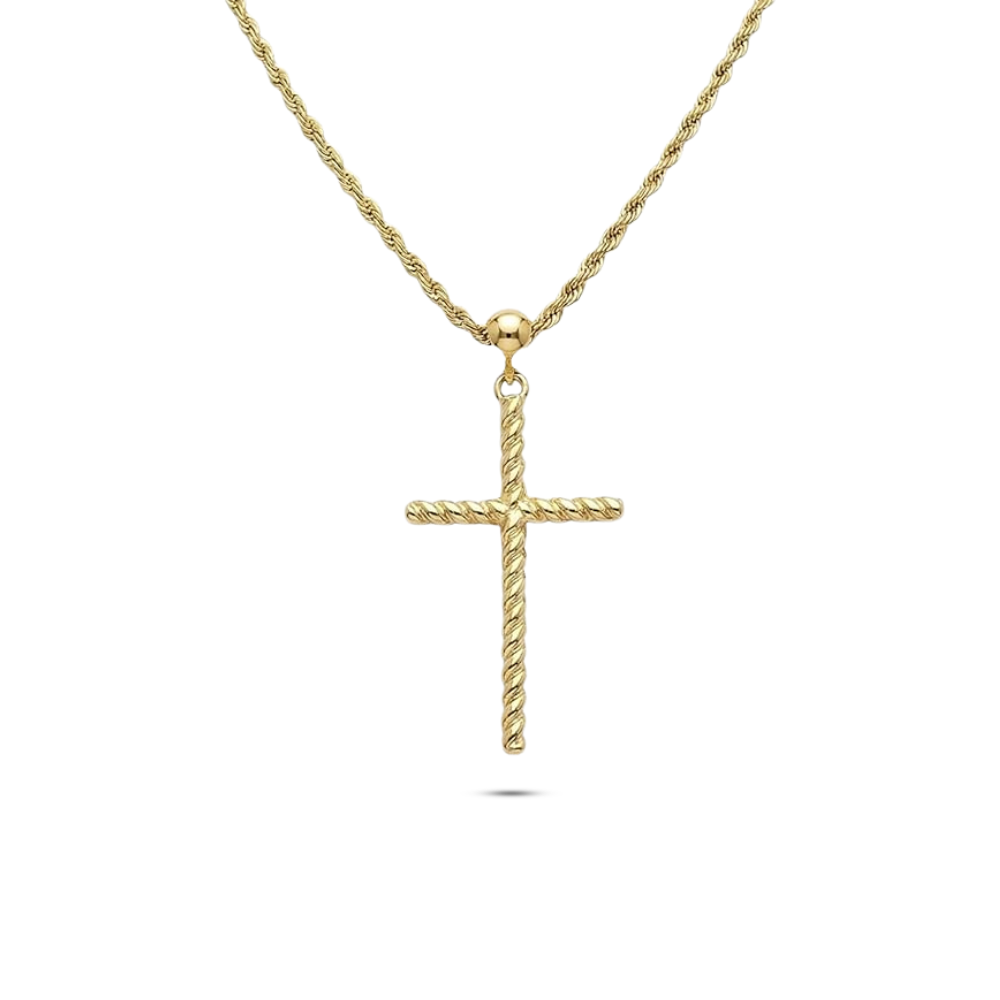 14K Solid Gold Rope Cross Pendant & 1.3mm Rope Chain, 20" – Ball Bail Design, Lobster Clasp Closure