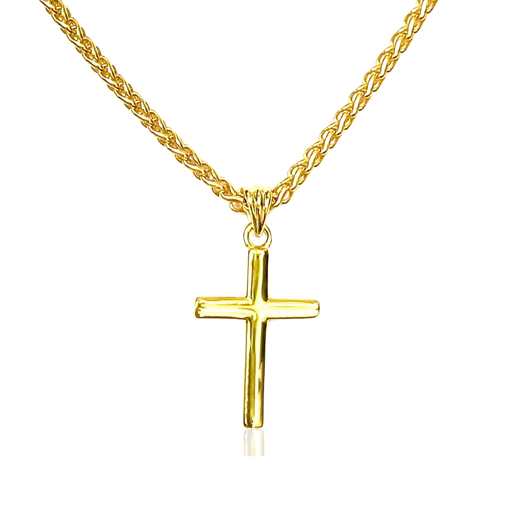 14K Solid Gold Small Cross Pendant Necklace 2mm Wheat Chain 20" – Cross Necklace for Men, Women & Teens