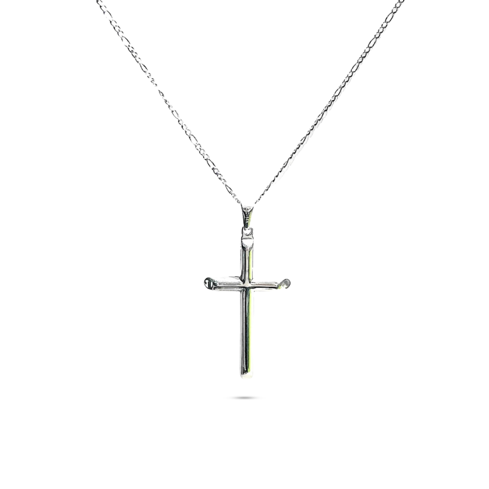 Figaro Link Chain with Cross in 14K White Gold Charismatic 2mm Thin Chain, 22" Length Unisex