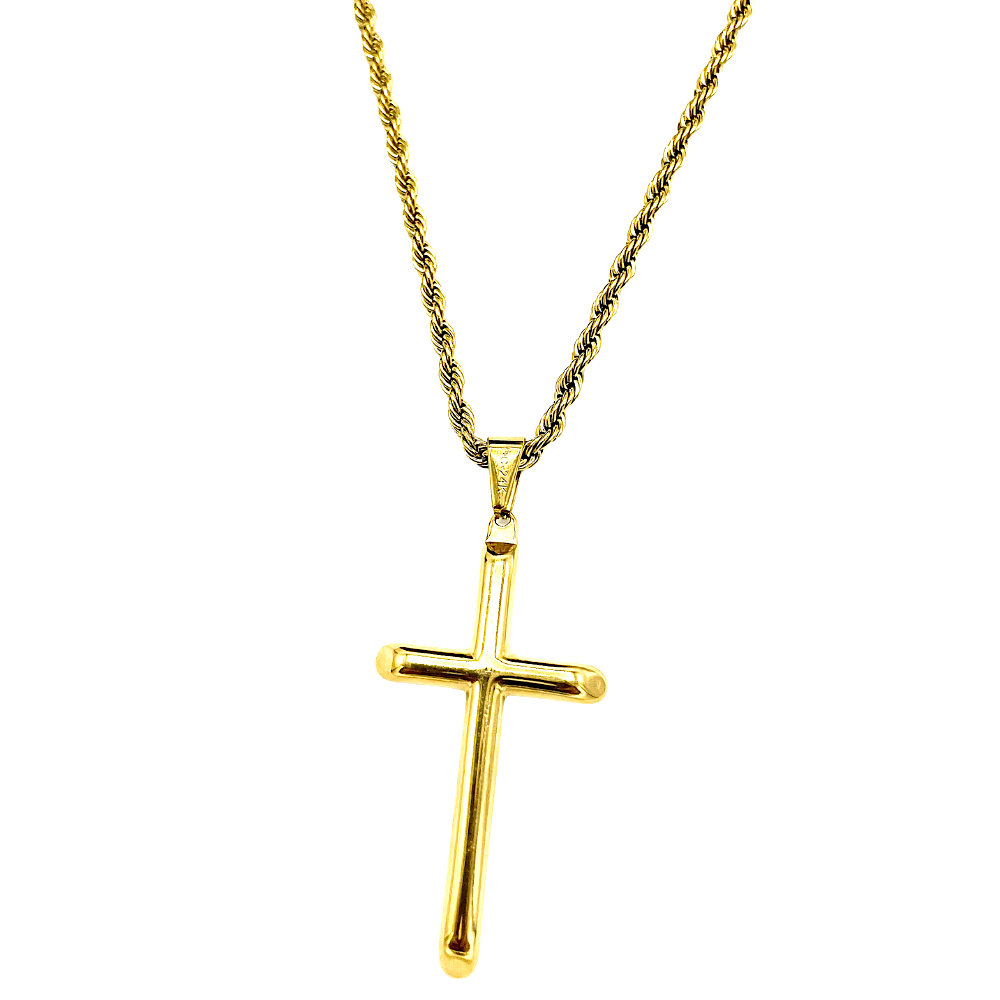 24k gold rope chain necklace with cross pendant, stylish unisex jewelry, 3mm, 18 inches length.