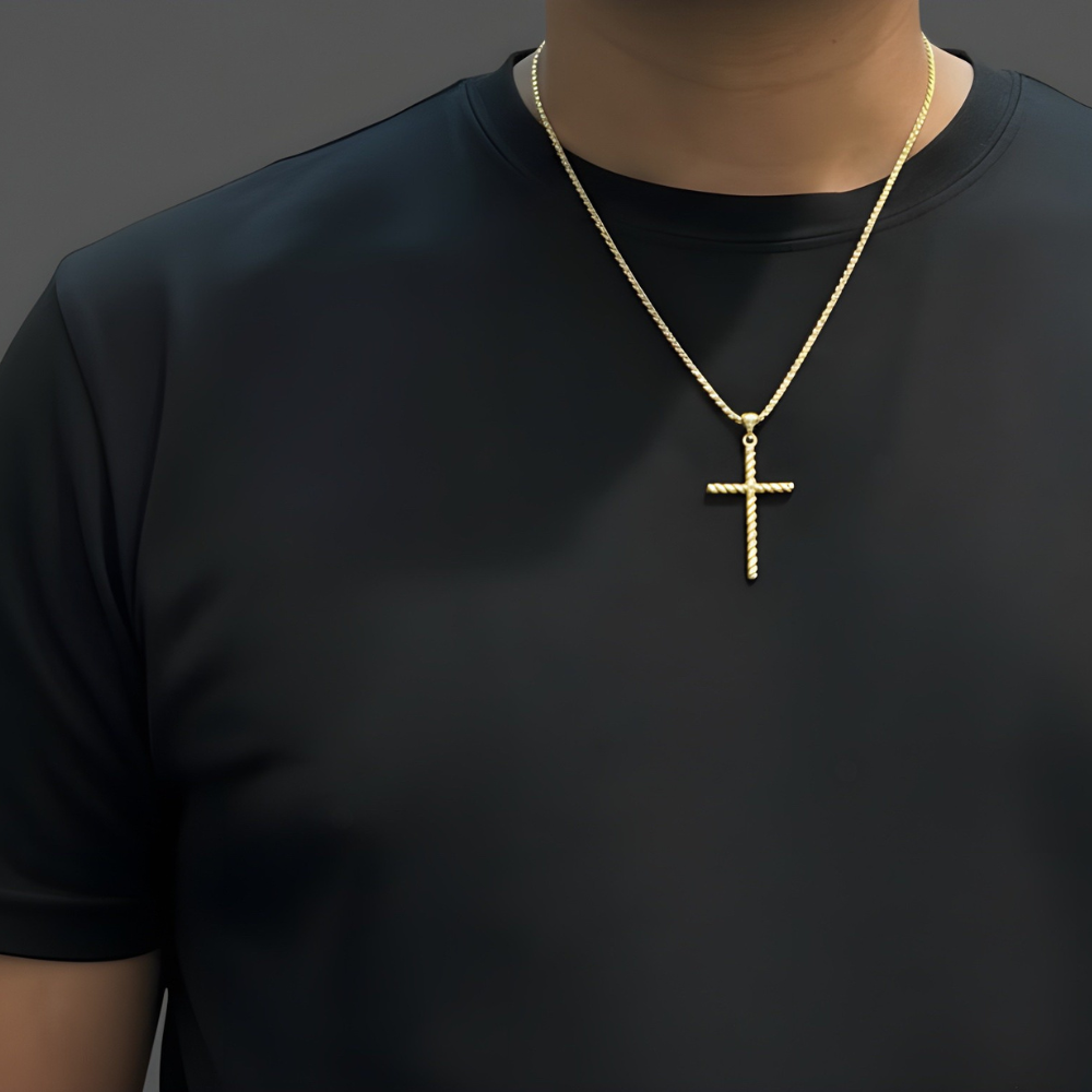 14K Solid Gold Rope Cross Pendant & 1.3mm Rope Chain, 20" – Ball Bail Design, Lobster Clasp Closure