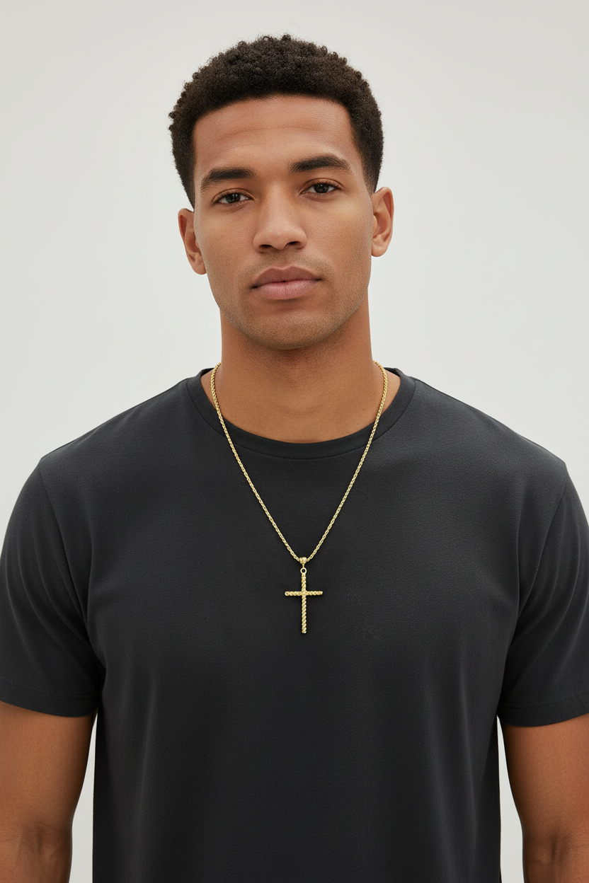 14K Solid Gold Rope Cross Pendant & 1.3mm Rope Chain, 20" – Ball Bail Design, Lobster Clasp Closure