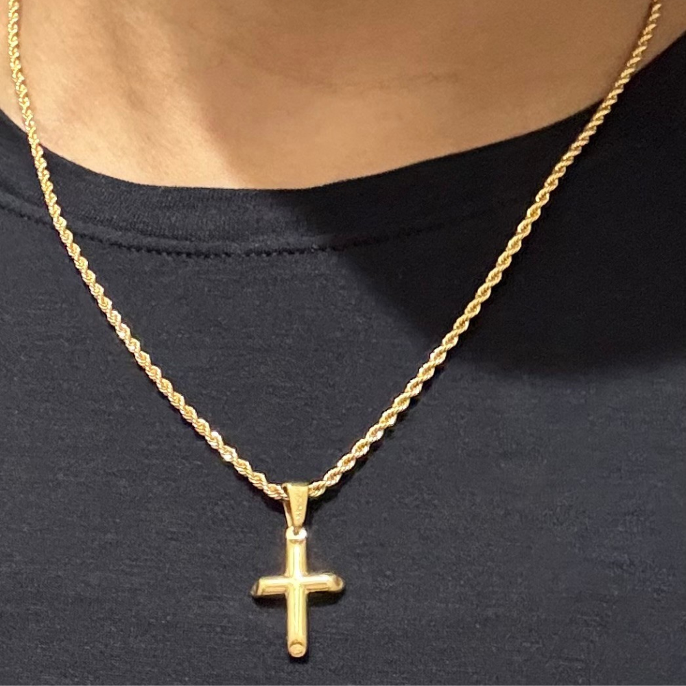 Rope Chain in 24K Yellow Gold with Small Cross - 18",20" - Unisex