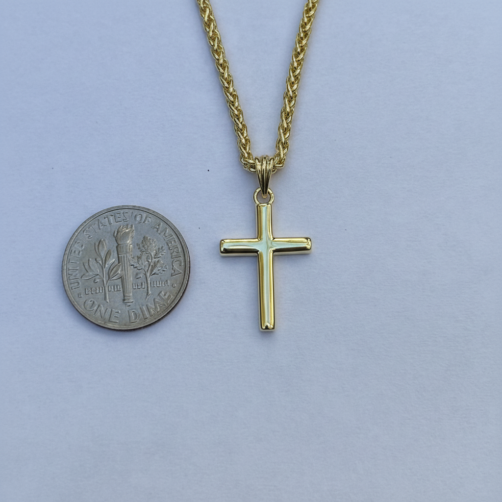 14K Solid Gold Small Cross Pendant Necklace 2mm Wheat Chain 20" – Cross Necklace for Men, Women & Teens