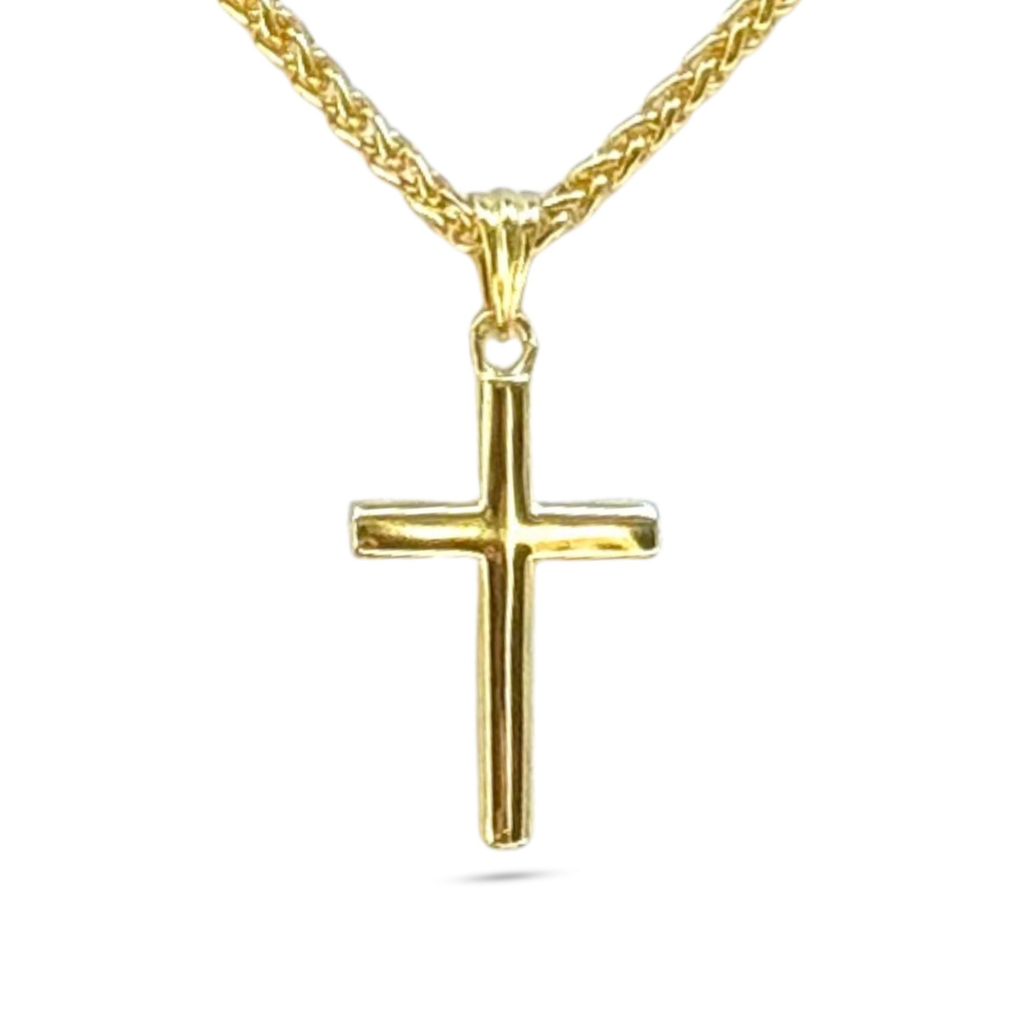 14K solid gold small cross pendant with wheat chain