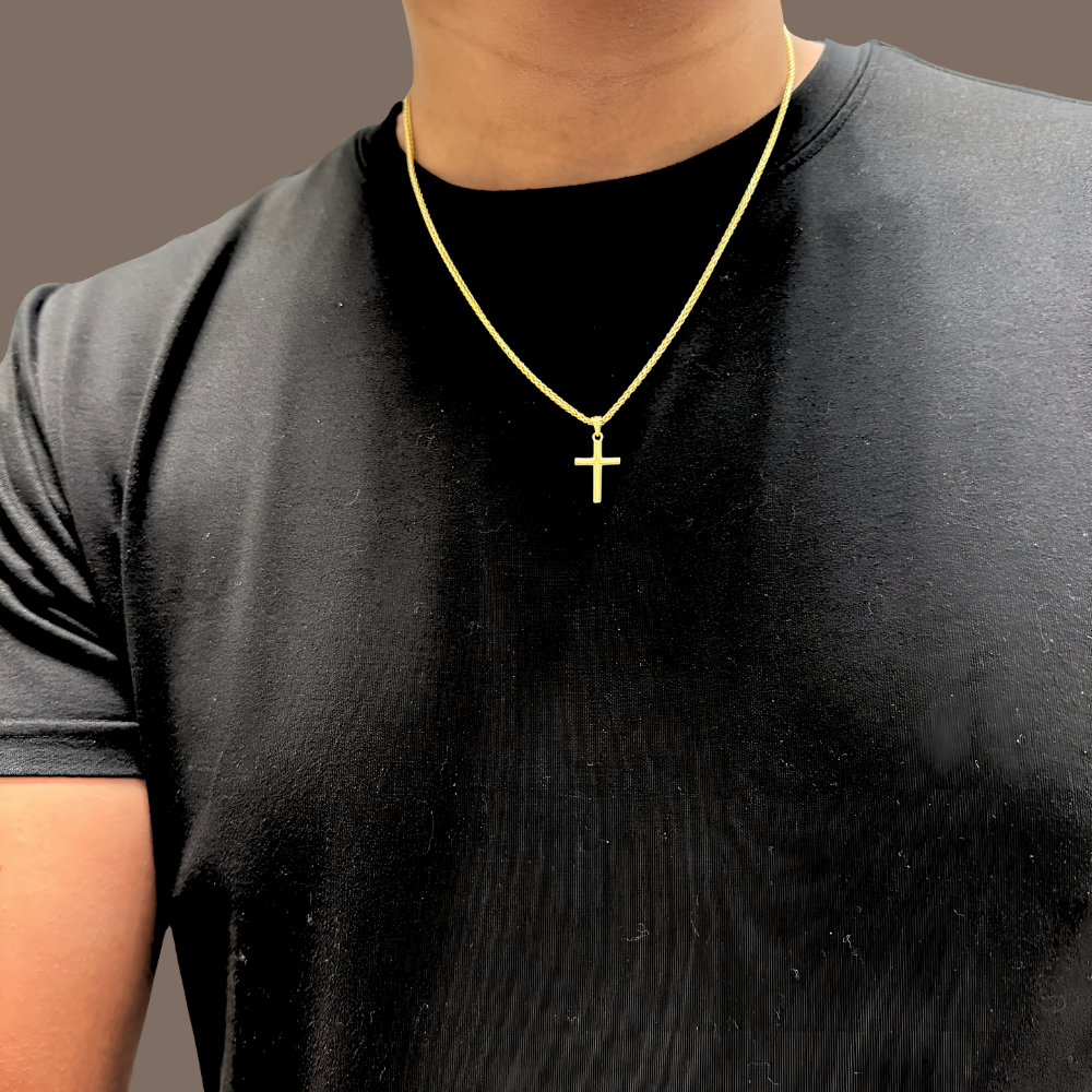 14K Solid Gold Small Cross Pendant Necklace 2mm Wheat Chain 20" – Cross Necklace for Men, Women & Teens