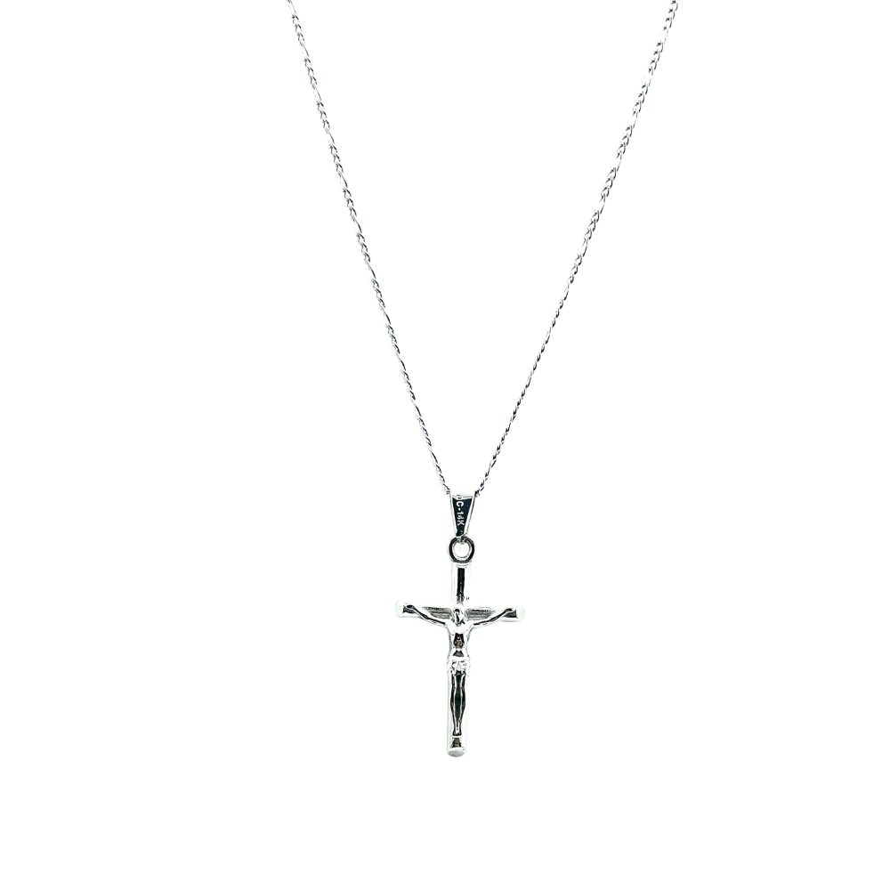 14k white gold filled crucifix necklace, 22-inch chain, elegant cross pendant for men and women.