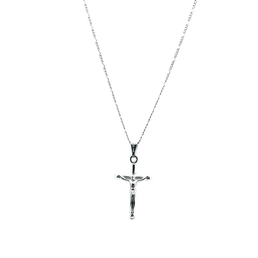 14k white gold filled crucifix necklace, 22-inch chain, elegant cross pendant for men and women.