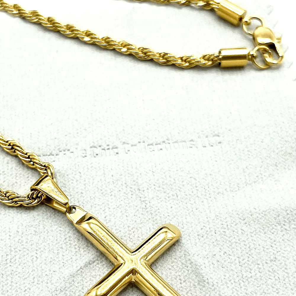 24K gold rope chain with cross pendant, showcasing superior craftsmanship and luxurious shine.