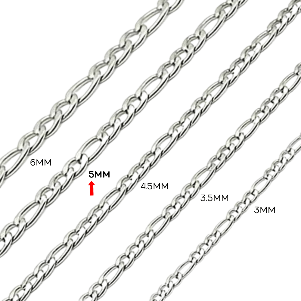 Comparison of chain widths showing 5mm Figaro chain among 3mm, 3.5mm, 4.5mm, and 6mm options for jewelry design.