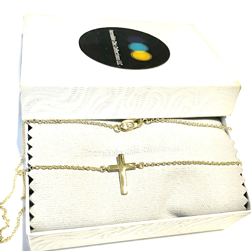 Solid 14k gold tiny cross necklace in gift box, perfect for layering and everyday wear, ideal gift for her.
