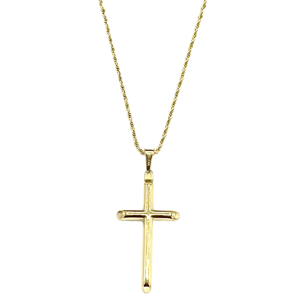 24K gold-filled rope chain necklace with cross pendant, perfect for men, women, and teens in various lengths.
