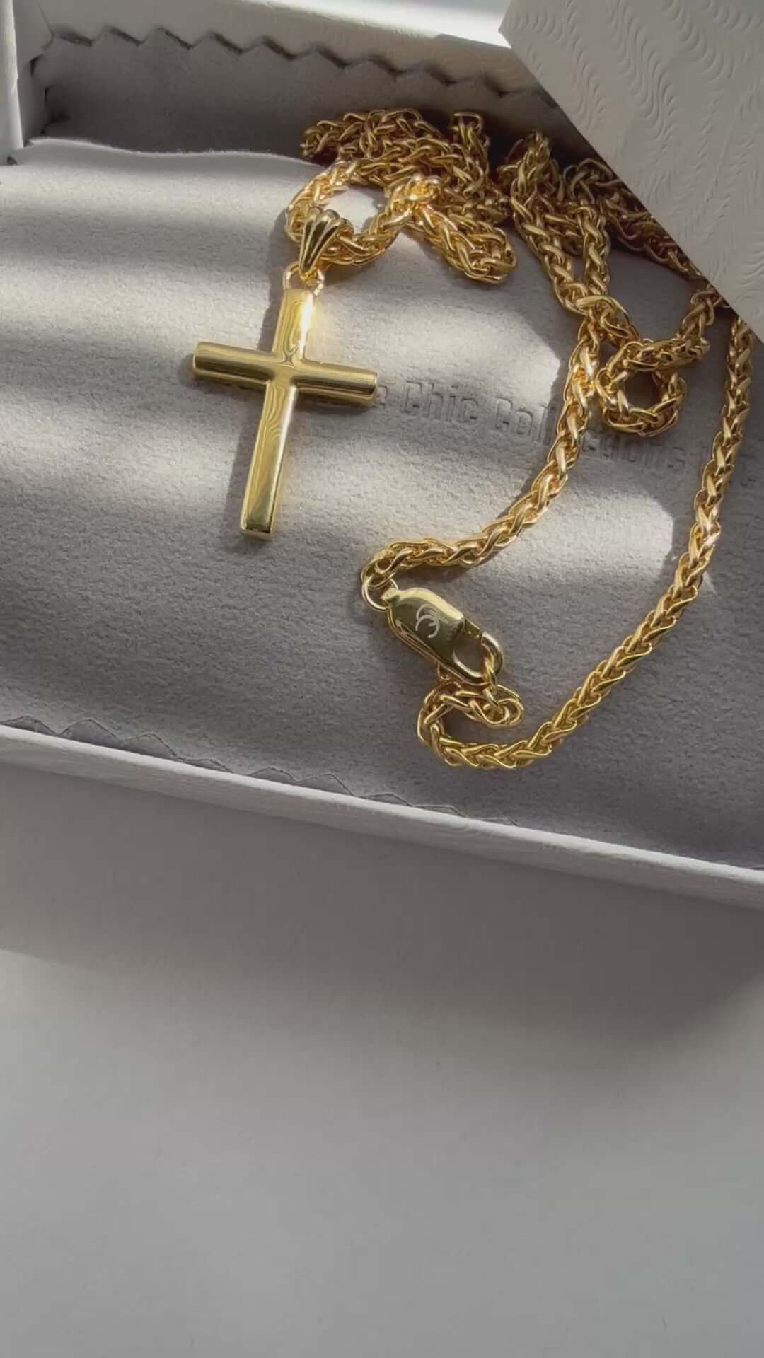 14K solid gold small cross pendant with 20-inch wheat chain in elegant display box.