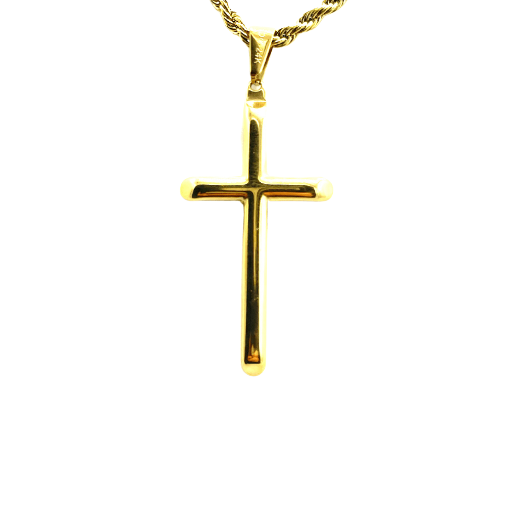 24K gold cross pendant on a rope chain, showcasing luxury and durability in a stylish unisex design.